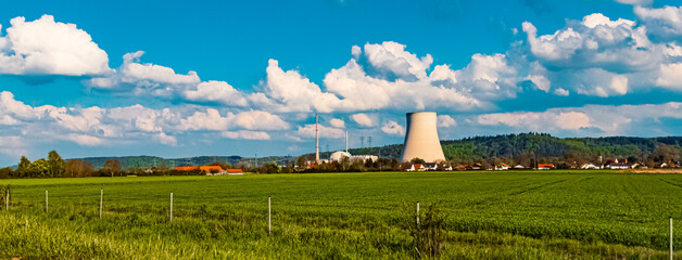 Spring view with the former nuclear power plant Isar 2 near Essenbach, Landshut, Bavaria, Germany
