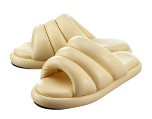 Beautiful pair of women's cream-colored genuine leather flip-flops with soft soles, isolated on a white background. Side view. The trend of the season. - 605379968