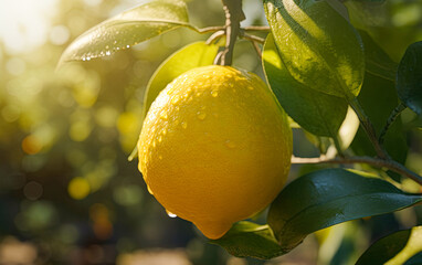 Lemon in orchard at sunny day. Fresh organic fruit. Generative Ai image