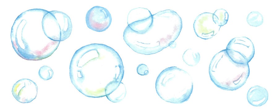 Foam party, dancing in bubbles concept.
The image of soap bubbles of small and large sizes with iridescent tints. Hand drawn watercolor illustration on stretched horizontal white background