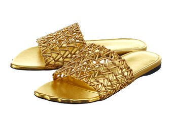 Beautiful elegant open summer sandals made of golden leather, with a beautiful braided top, with low heels, isolated on a white background. Side view. - 605380382