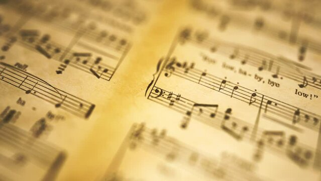 Vintage Music Partition Score Background/ 4k motion graphics of a vintage close up of old music partition notes on paper background with light wiggling and noise texture