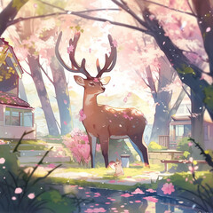 deer in the cherry blossom forest