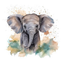 Watercolor little elephant isolated on transparent background. Generative AI