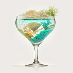 Aquarium in a glass with shells, seaweed, corals