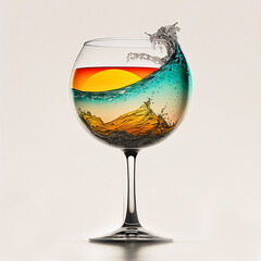 AI-generated tropical sunset inside glass of wine