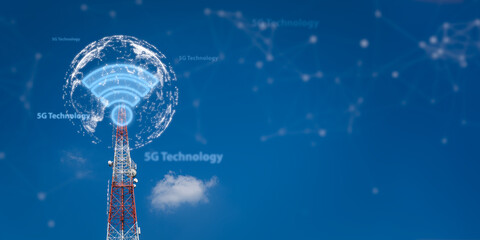 Cellular towers display virtual icons, 5G cell phone signals, network coverage in all areas,...
