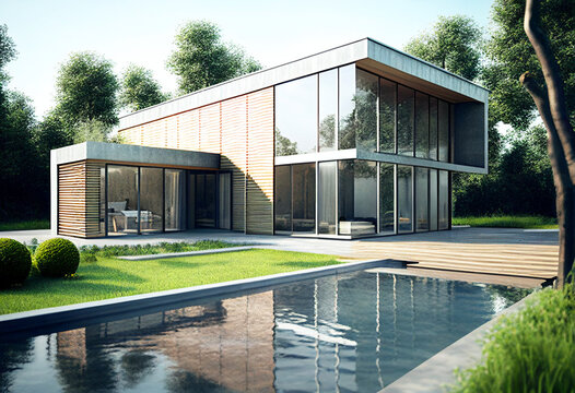 Contemporary modern house with swimming pool . Architect's house. Modern house with large windows. Real estate. Real estate agency. Real estate agent