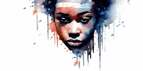 close up of beautiful black woman, ai generated watercolor illustration 