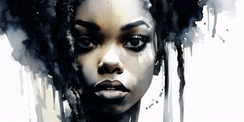 close up of beautiful black woman, ai generated watercolor illustration 