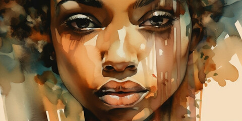 close up of beautiful black woman, ai generated watercolor illustration 