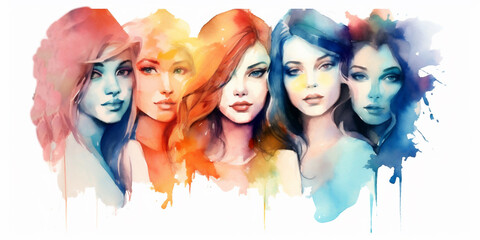 Naklejka premium watercolor illustration of different beautiful woman together, ai generated