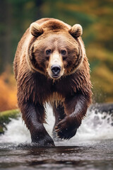 Obraz na płótnie Canvas Wild and Free: Capturing the Graceful Movement of a Brown Bear in the River's Weeds