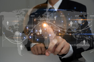 Businessman using laptop to connect to internet and information from around the world to Analysis of sales data and economic growth. Business strategy, digital market. finance, marketing, e-commerce