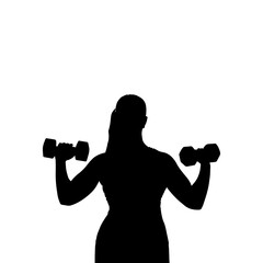 Fototapeta na wymiar Vector illustration. Silhouette of a fat girl with dumbbells in her hands. Slimming. Healthy lifestyle.