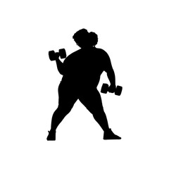 Vector illustration. Silhouette of a fat girl with dumbbells in her hands. Slimming. Healthy lifestyle.