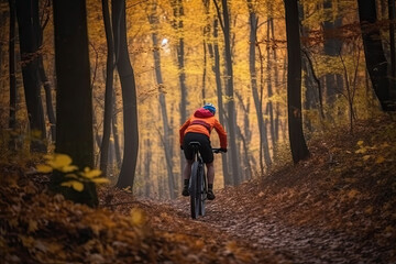 Obraz premium Ein Mann fährt durch den Herbstwald Fahrrad, Generative AI