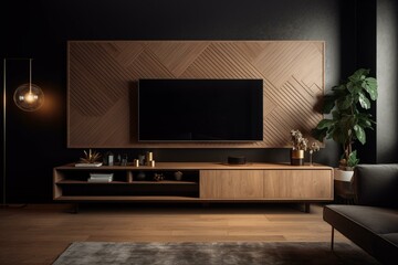 Modern TV cabinet with blank screen mounted on dark wall in minimalist living room. Generative AI