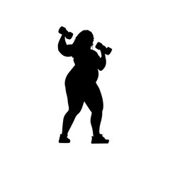 Vector illustration. Silhouette of a fat girl with dumbbells in her hands. Slimming. Healthy lifestyle.