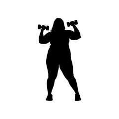 Obraz premium Vector illustration. Silhouette of a fat girl with dumbbells in her hands. Slimming. Healthy lifestyle.