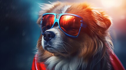 A dog in a superhero cape and sunglasses showcases an adventurous spirit. Courtesy of AI.