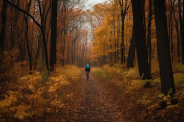 Ein Mann fährt durch den Herbstwald Fahrrad, Generative AI
