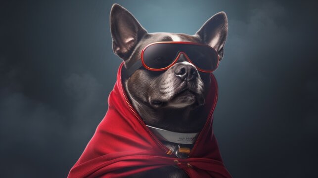 Encounter a stylish dog with a superhero cape and sunglasses, a charming image of courage. Made by AI.