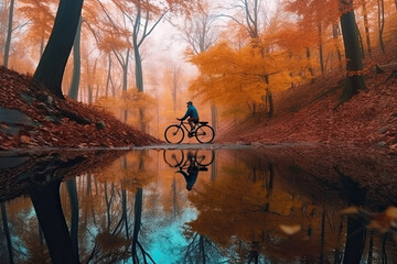 Ein Mann fährt durch den Herbstwald Fahrrad, Generative AI
