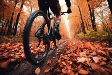 Fototapeta na wymiar Ein Mann fährt durch den Herbstwald Fahrrad, Generative AI