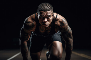 Closeup of an athlete ready to start the race.  Composite with different elements made with generative AI