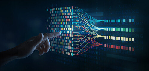 Data science and big data technology.  Big data analytics visualizing complex data set on...