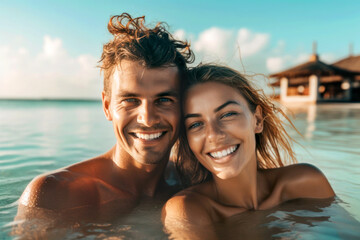 Fototapeta premium Newlywed couple on their honeymoon in a resort pool. Composite with different elements made with generative AI