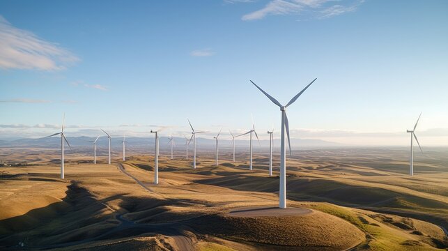 Visualize wind turbines claiming a vast landscape beneath a boundless blue sky scattered with clouds. An AI-rendered spectacle.