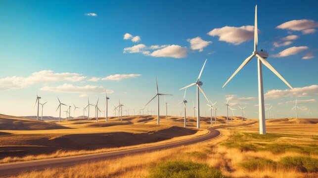 Picture a landscape engulfed by wind turbines, harmonizing with the cerulean sky and wandering clouds. An AI-conceptualized scene.