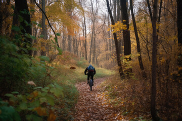 Ein Mann fährt durch den Herbstwald Fahrrad, Generative AI