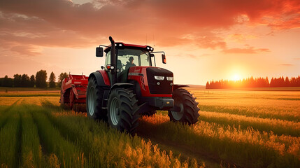 Naklejka premium Tractor in the field under sunset light, tillage in spring, preparation for sowing. Generative AI