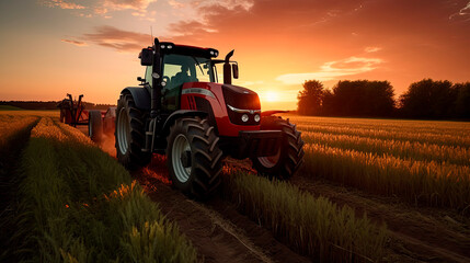 Tractor in the field under sunset light, tillage in spring, preparation for sowing. Generative AI