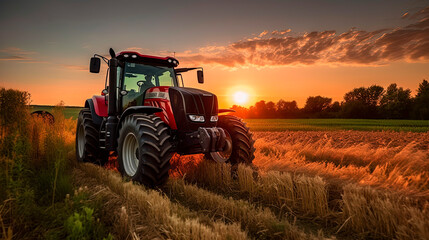 Tractor in the field under sunset light, tillage in spring, preparation for sowing. Generative AI