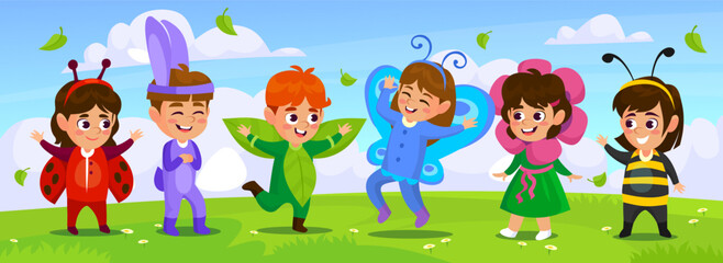 Cute children in funny costumes at a fall party. Kid characters dressed as a bee, rabbit, butterfly, flower, and ladybug on the green grass on a sunny day at a festival. Cartoon vector illustration