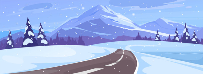 A winter landscape of an empty highway in a snowy wonderland. Background of beautiful snow covered mountains and pine forest. Christmas season scenery in nature. Cartoon vector illustration.