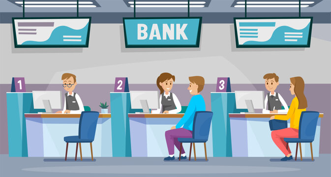 An interior design of a bank office with employees sitting behind desks and serving people. A male banker working with a female customer. A manager consulting a client. Flat vector illustration.
