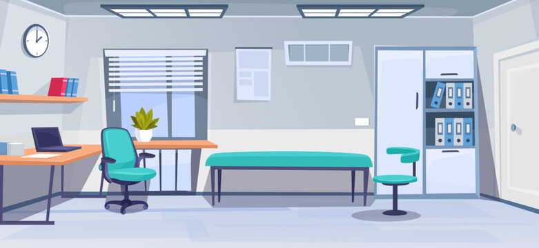 An interior design of a medical doctor's office. Empty physician cabinet in a hospital. Healthcare practitioner's workplace with furniture and work equipment. Cartoon vector illustration.