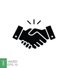 Hand shake icon. Simple solid style. Handshake, partnership, introduction, agreement, deal, business concept. Black silhouette, glyph symbol. Vector illustration isolated on white background. EPS 10.