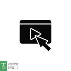 Arrow cursor click play video button icon. Simple solid style. Press, touch, media, digital, online concept. Black silhouette, glyph symbol. Vector illustration isolated on white background. EPS 10.
