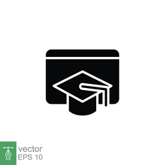 E-learning icon. Simple solid style. Learn, online, digital, graduation cap, distance education concept. Black silhouette, glyph symbol. Vector illustration isolated on white background. EPS 10.
