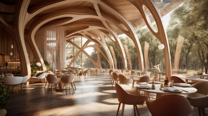 Fototapeta premium Imagine a stunning gondola and restaurant, unified by grand wooden architectural edifices. Created by AI.