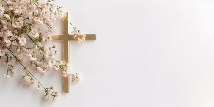 Gold christianity cross with white flowers. Background with copy space