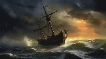 Obraz premium Old sail ship braving the waves of a wild stormy sea, Generative AI