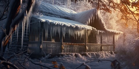 Icicles hanging from the roof of a log house, against the background of trees in hoarfrost, concept of Frosty landscape, created with Generative AI technology