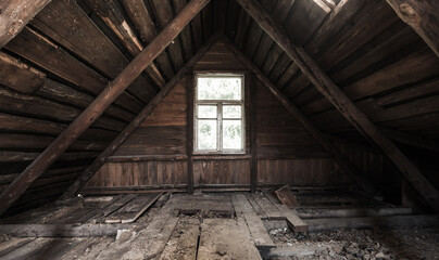 Fototapeta na wymiar Abstract grunge interior, perspective view of an abandoned attic room